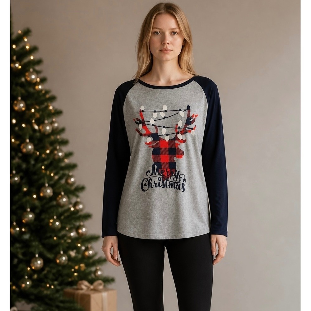 NEW Merry Christmas Plus Size XXL Reindeer Buffalo Plaid Raglan Long Sleeve